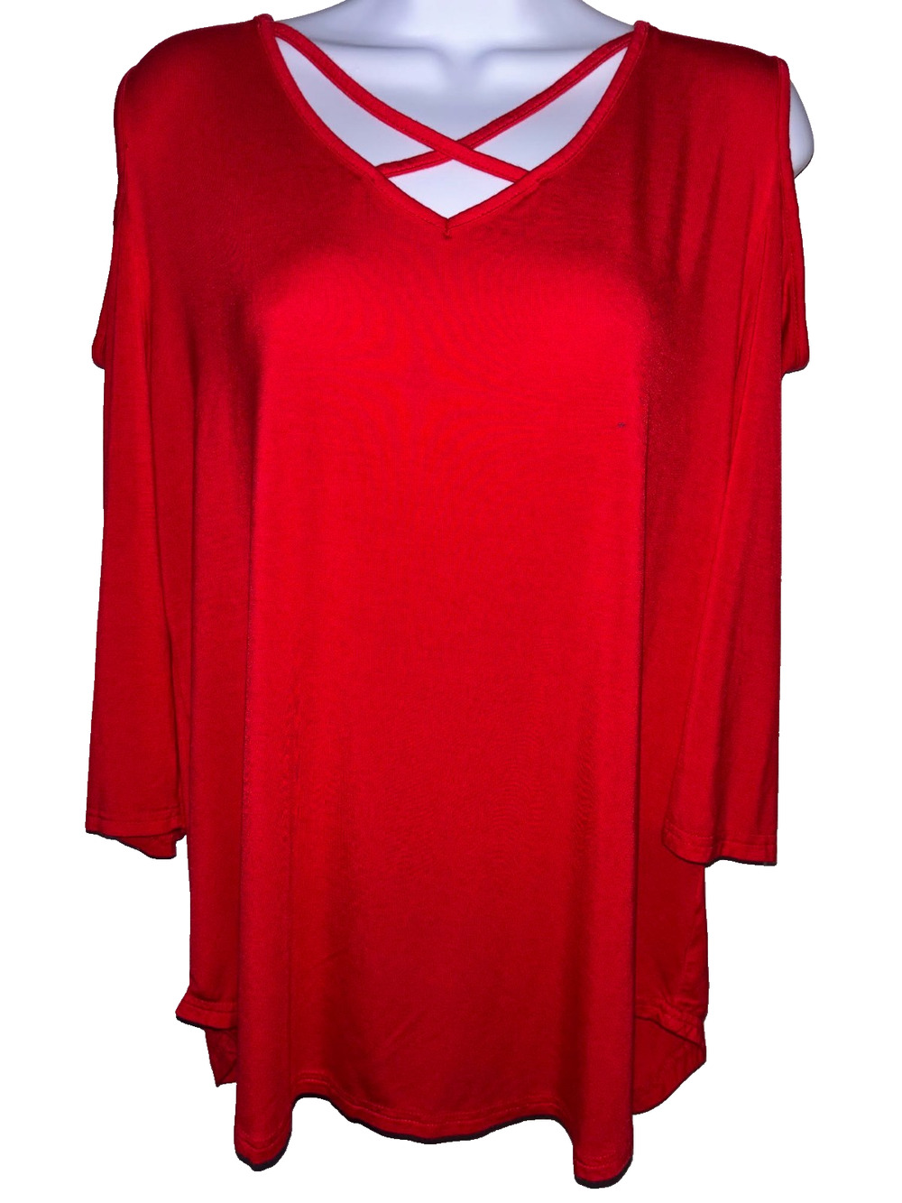 Unbranded Red Cold Shoulder Criss Cross V-Neck Top Womens Large L Rayon Spandex